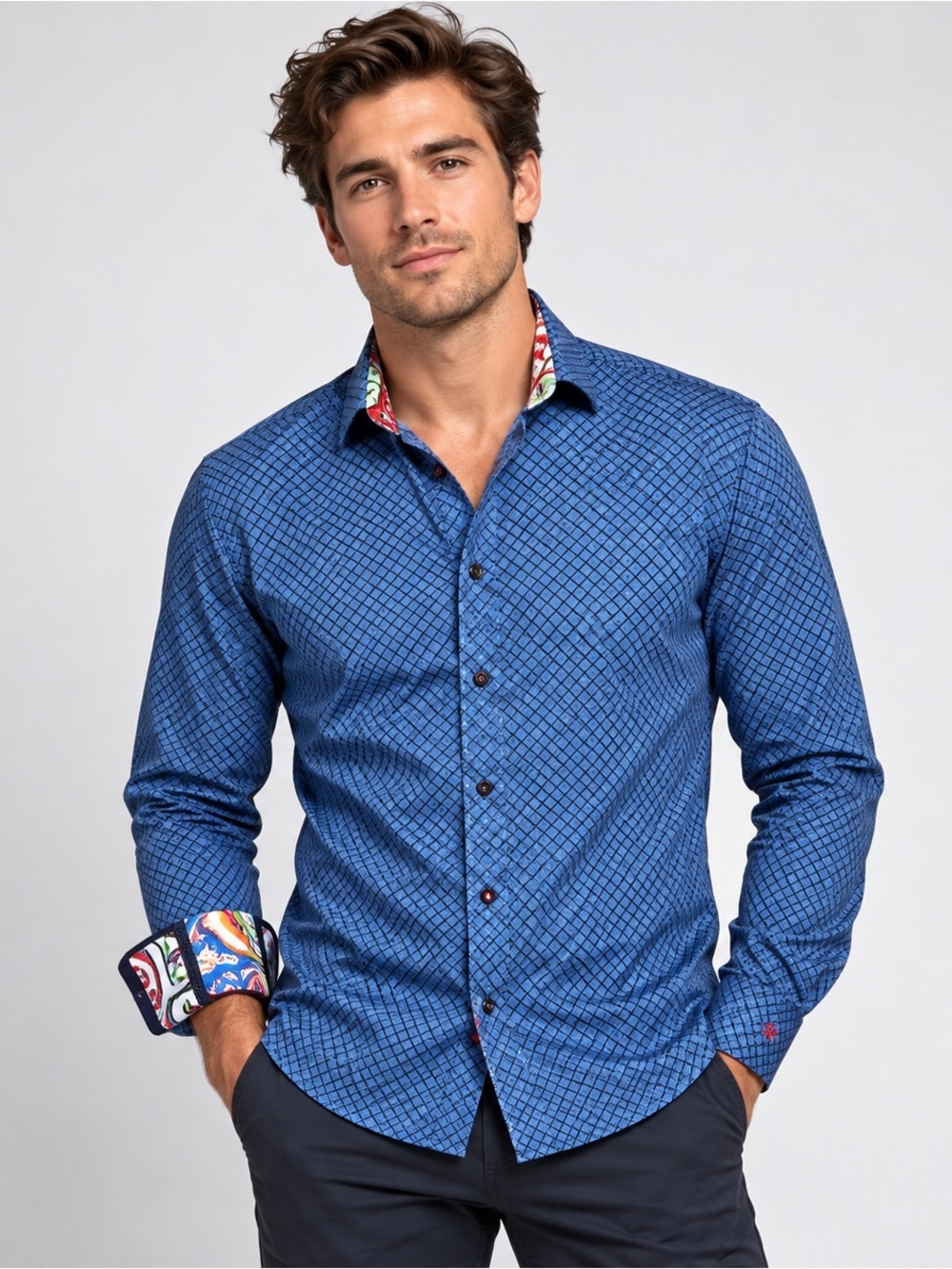 Au Noir Button Down Shirt Mens 2 Long Sleeve Flip Cuff Geometric Blue Small